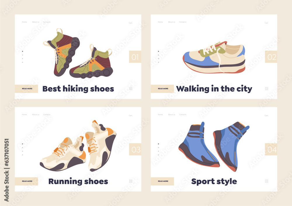 Naklejka premium Hiking, walking, running fitness shoes, sneakers, boots sale promotion landing page design template