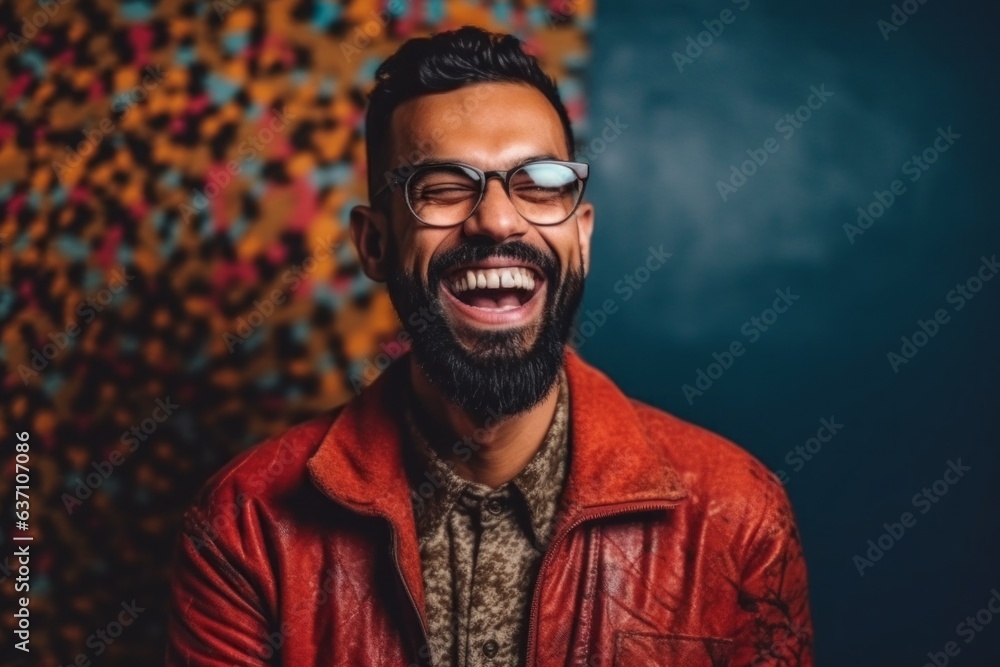 Portrait of a young Indian man in red jacket and eyeglasses on colorful background