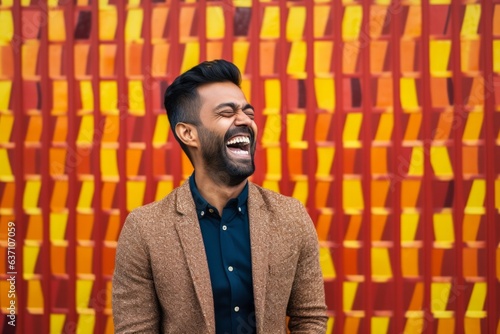 Portrait of a happy indian man laughing against a colorful background
