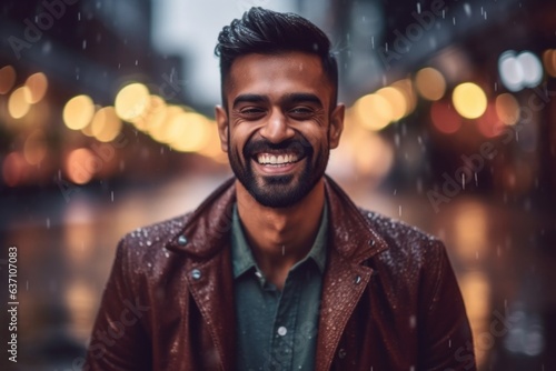 Portrait of a happy young bearded Indian man in a brown jacket standing in the rain.
