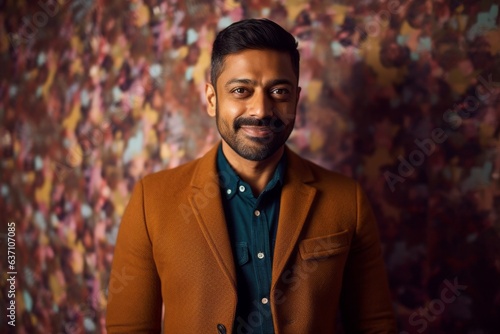 Portrait of a handsome young Indian man wearing a brown jacket.