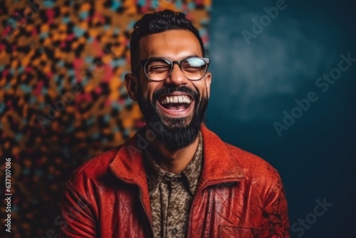 Portrait of a young Indian man in red jacket and eyeglasses on colorful background