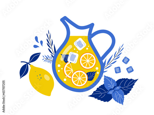 Citrus lemonade in glass jug with lemon, ice, mint  and   ice cubes Summer refreshment and drink. Vector illustration.