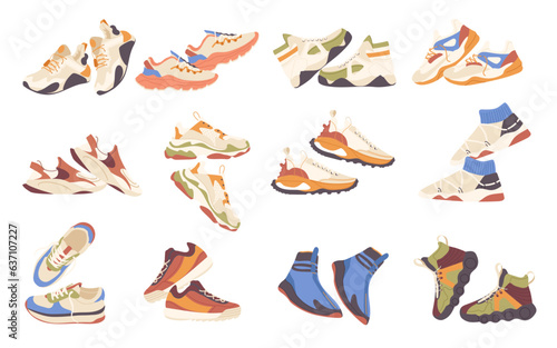 Isolated set of fashion sneakers modern sports shoes and boots collection for training recreation