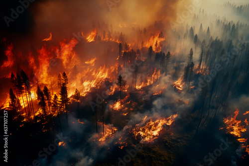 A large-scale forest fire, top view. The forest is burning. Ecological disaster, natural cataclysm