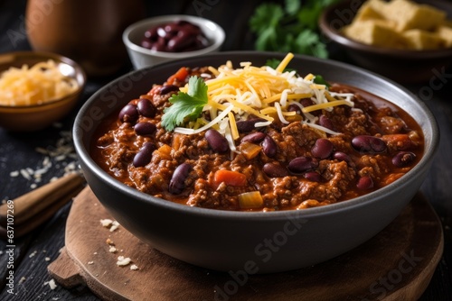 A delicious bowl of chili with melted cheese and beans