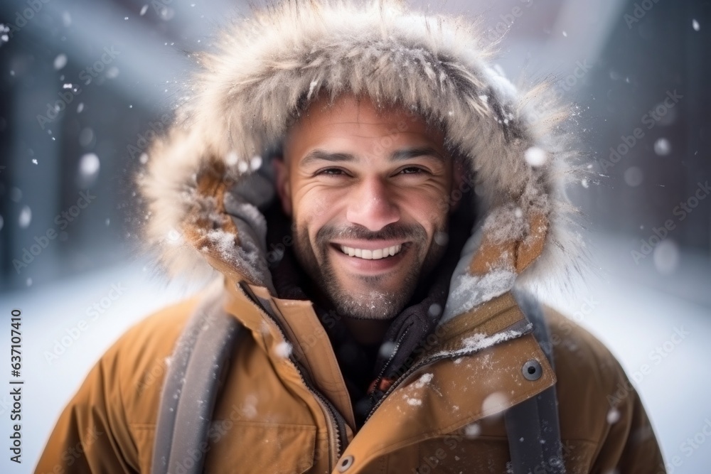 Portrait of a smiling young man in winter coat walking outdoors. Portrait of a smiling young man in winter coat walking outdoors.