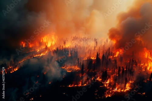 A large-scale forest fire, top view. The forest is burning. Ecological disaster, natural cataclysm © Uliana