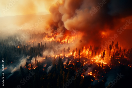 A large-scale forest fire  top view. The forest is burning. Ecological disaster  natural cataclysm