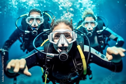 Exhilarating image of a dynamic woman and two awe-struck men in scuba gear, enthusiastically indicating an unseen wonder, deep ocean blue background.
