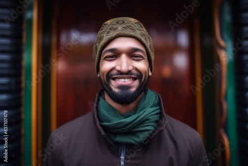 Portrait of smiling bearded Indian man wearing scarf and hat in city