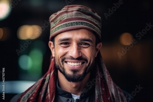 Portrait of a happy arabic man in the city at night