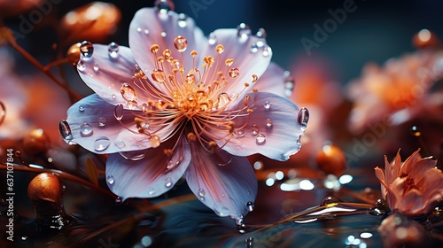  a close up of a flower with drops of water on it. generative ai