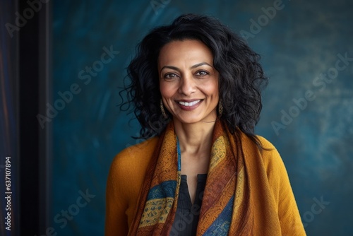 Portrait of a beautiful woman with curly hair in a colorful scarf