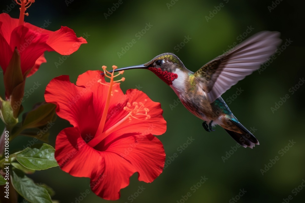 Fototapeta premium A hummingbird in mid-air, feeding on a vibrant red flower