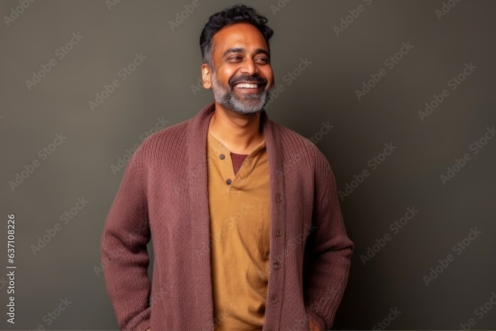 Obraz premium indian man with beard and brown sweater on grey background smiling at camera