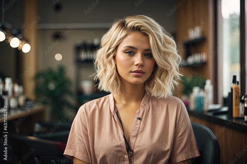 Beautiful blonde model woman in the hairdresser salon - obrazy, fototapety, plakaty 