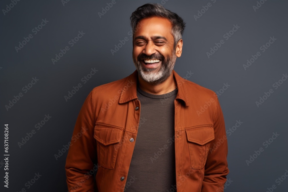 Portrait of a happy Indian man smiling and looking at camera against grey background Portrait of a happy Indian man smiling and looking at camera against grey background
