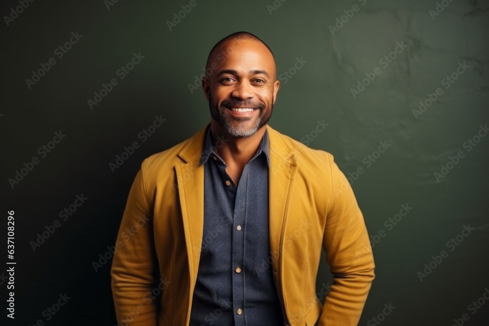 Portrait of smiling african american male teacher standing against chalkboard