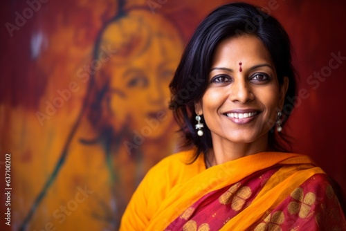 Portrait of smiling Indian woman in saree standing against colourful background © Eber Braun