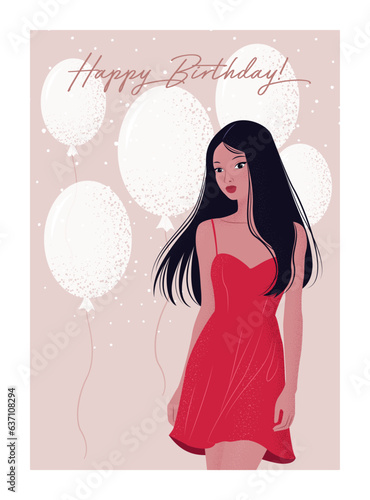 Vector Happy birthday card with woman and balloons