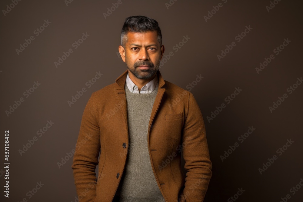 Obraz premium Portrait of a handsome Indian man wearing a brown jacket on a dark background