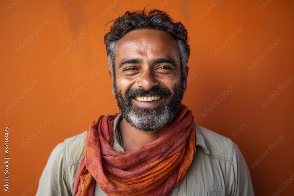 Portrait of a happy Indian man with a red scarf on an orange background Portrait of a happy Indian man with a red scarf on an orange background