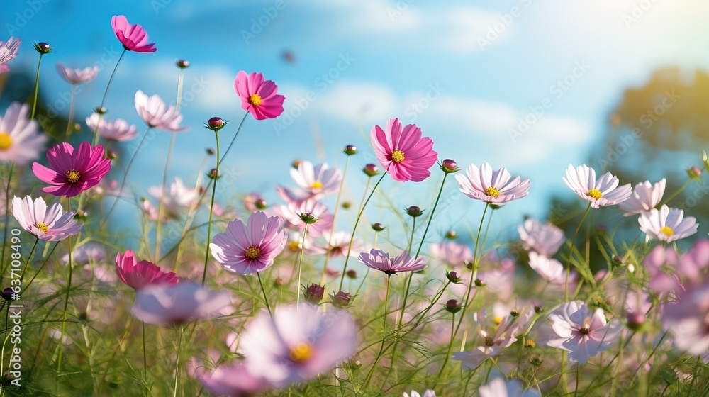  a field of pink and white flowers with a blue sky in the background.  generative ai