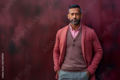 Portrait of a handsome Indian man with a beard wearing a pink turtleneck and a brown jacket.