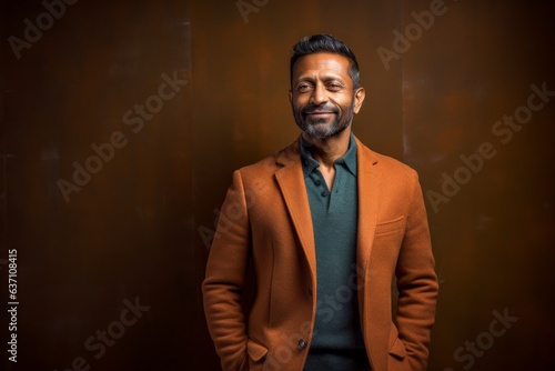 Portrait of a handsome Indian man wearing a coat and smiling at the camera