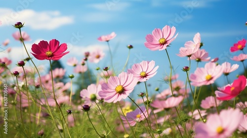  a field of pink flowers with a blue sky in the background.  generative ai © Olga