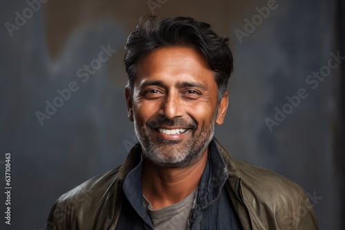 Portrait of a smiling Indian man in a leather jacket against a dark background