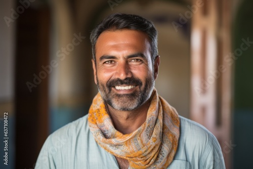 Portrait of handsome Indian man smiling at the camera in the mosque