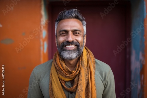 Portrait of happy bearded Indian man with yellow scarf against orange door