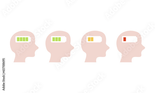 Set of Human Head with battery icon. Burnout, productivity, lifestyle, healthcare concepts. Flat vector design illustration.
