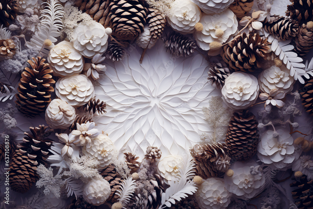 Obraz premium Background with Pine Cones and Snow for Copy Space: Winter and Holiday Concept