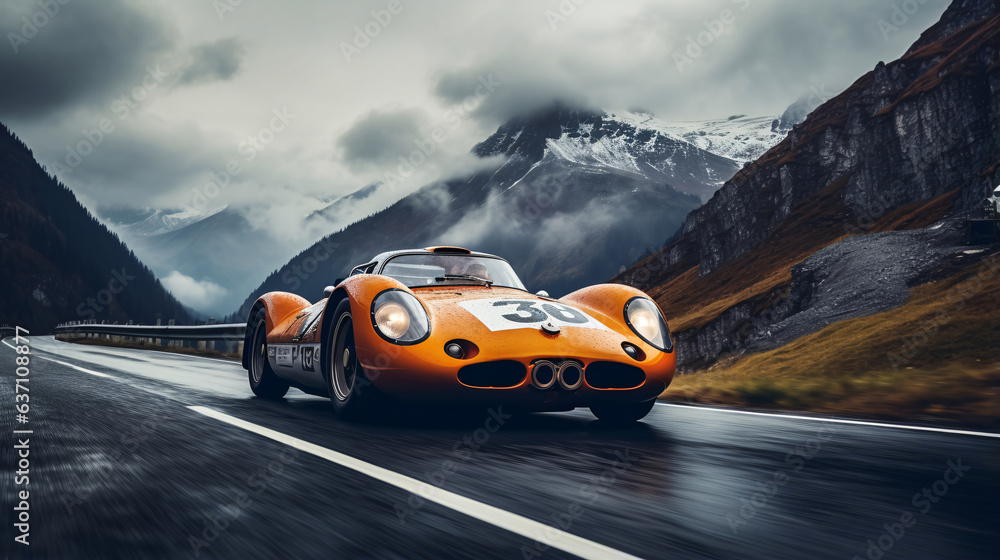 Orange vintage sports car racing on wet road - AI Generated - obrazy, fototapety, plakaty 