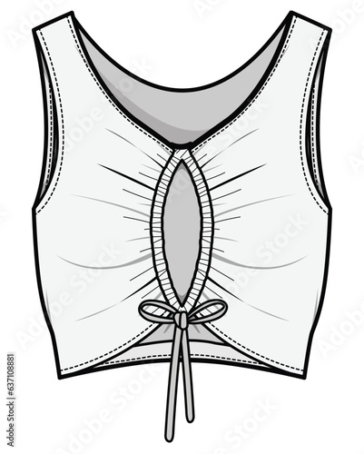 Front Keyhole Drawstring Sleeveless Crop Top Front and Back View. Fashion Illustration, Vector, CAD, Technical Drawing, Flat Drawing, Template, Mockup.