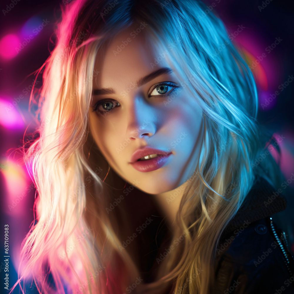 Fototapeta premium Beautiful woman photo with long blonde hair in colorful lights - AI Generated
