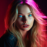 Beautiful woman photo with blonde hair in colorful lights - AI Generated