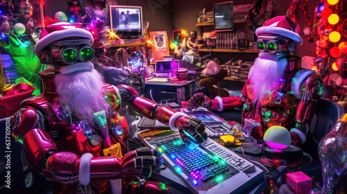 Marrying tech with tradition, robots don Santa garb, perfectly mimicking the jolly old elf, blending futurism with festive nostalgia. (Created Using Generative AI Tools)