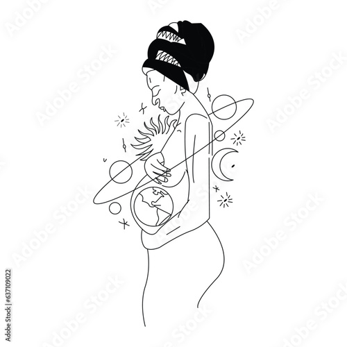 woman pregnant earth line art vector logo, One line drawing Young beautiful pregnant woman standing with a big belly. World Population Day. Continuous line drawing vector illustration.