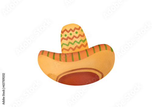 Watercolor hand drawing sombrero hat isolated on transparent background. Mexico traditional culture, Mexican  National Headdress. western accessories, cute clipart elements cutout. Cinco de Mayo