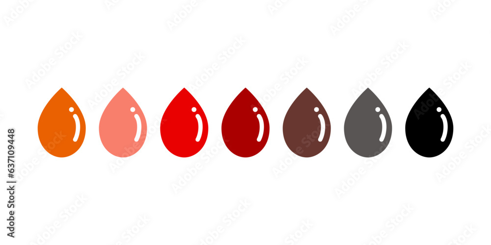 Fototapeta premium Set of female menstruation blood color. Period blood drop shape. Health, hormone, hygiene, monthly menstrual tracking concept. Flat vector design isolated Illustration.