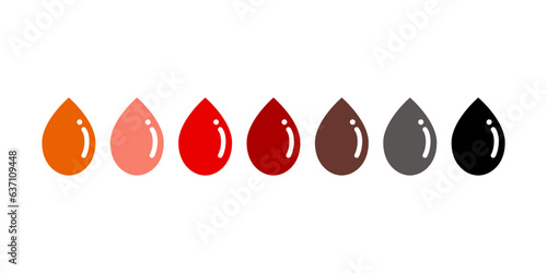 Set of female menstruation blood color. Period blood drop shape. Health, hormone, hygiene, monthly menstrual tracking concept. Flat vector design isolated Illustration.
