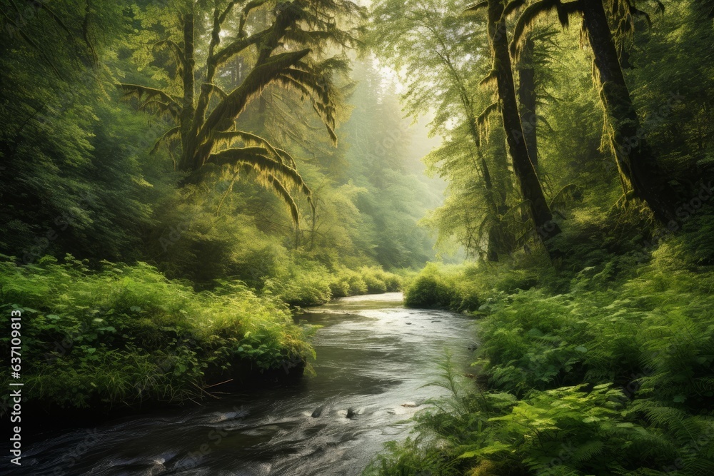 A serene stream flowing through a vibrant green forest A serene stream flowing through a vibrant green forest