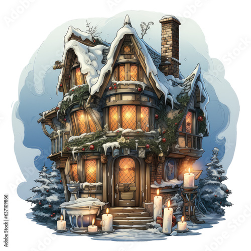  A cozy Christmas Candle t-shirt design featuring a charming countryside cottage with candles placed in every window, Generative Ai