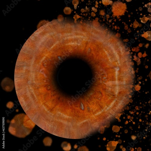 Closeup of an orange human eye iris on a dark background