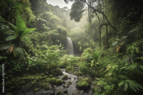 A serene waterfall surrounded by vibrant green foliage in a enchanting forest setting