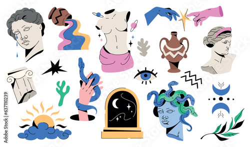 Set of ancient greek statue and trendy psychedelic design elements. Vector hand drawn illustrations of sculpture and classic vintage monument shapes. Color plaster busts, column, snake and roman vases
